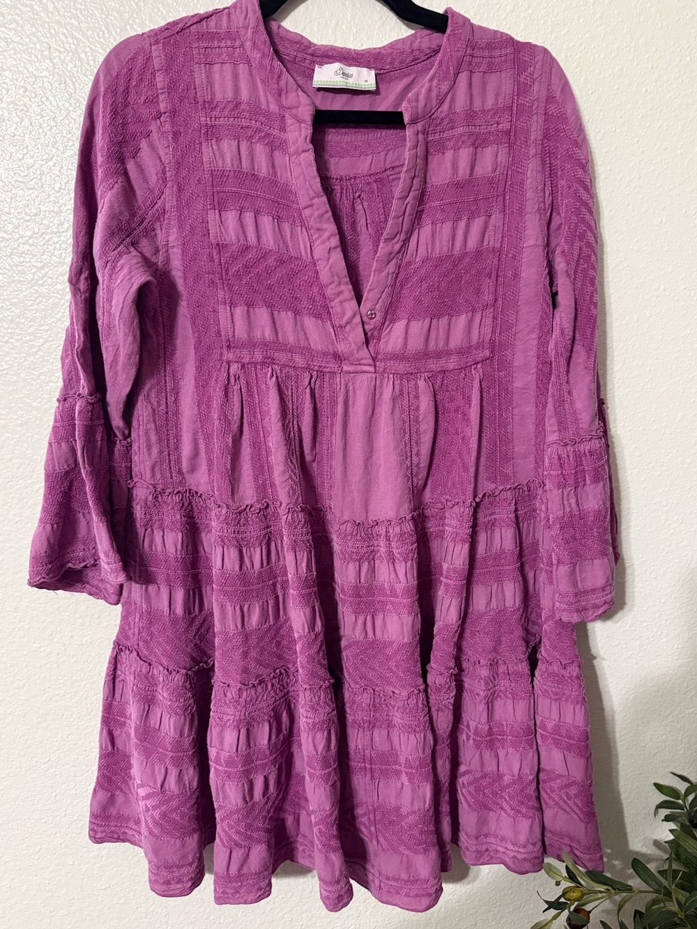 Devotion Twins Ella Jacquard Cotton Silk Tiered Boho Mini Dress XS Purple